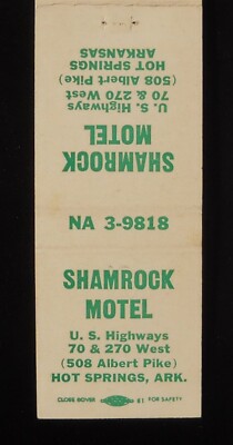 1960s Shamrock Motel 508 Albert Pike Hot Springs AR Garland Co Matchbook