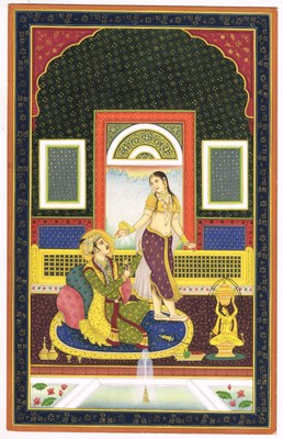 Indian Miniature Painting Empress Jodha Bai Serving Wine To King Akbar 8x13 Inch