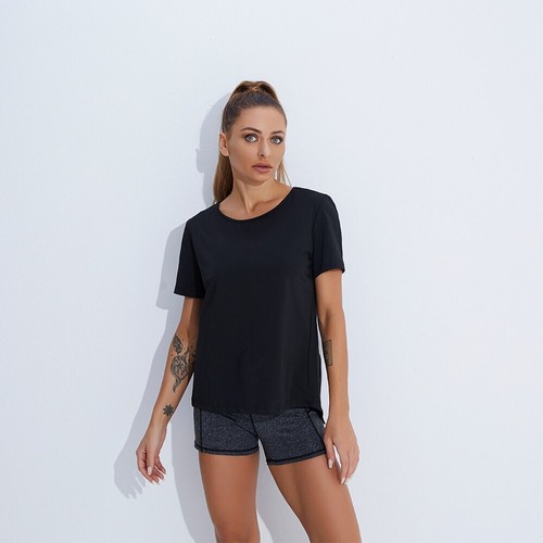 Women's Sexy Workout Tops Loose Fit Mesh Open Split Back Quick Dry Yoga Shirts - Picture 7 of 8