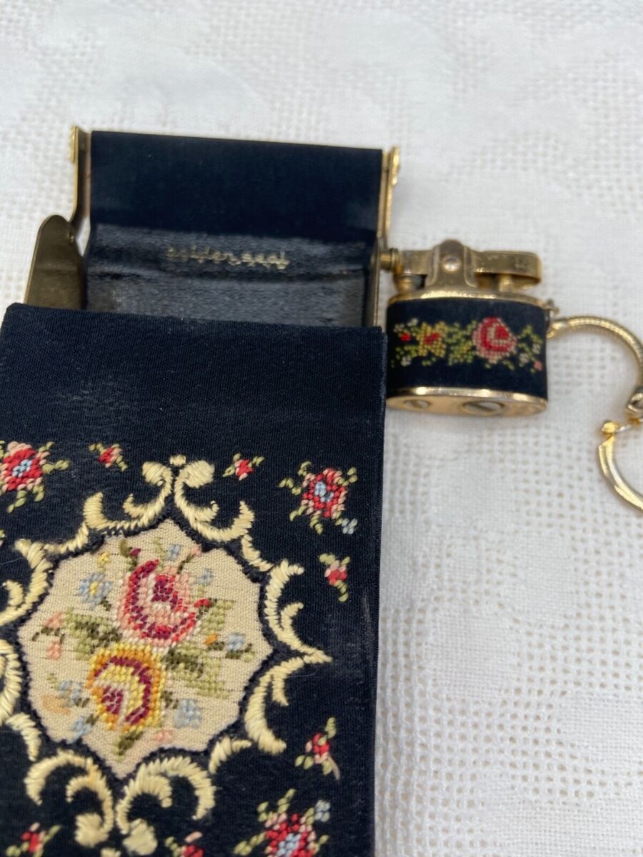 Vtg Golden Seal lighter and cigarette case needlepoint West