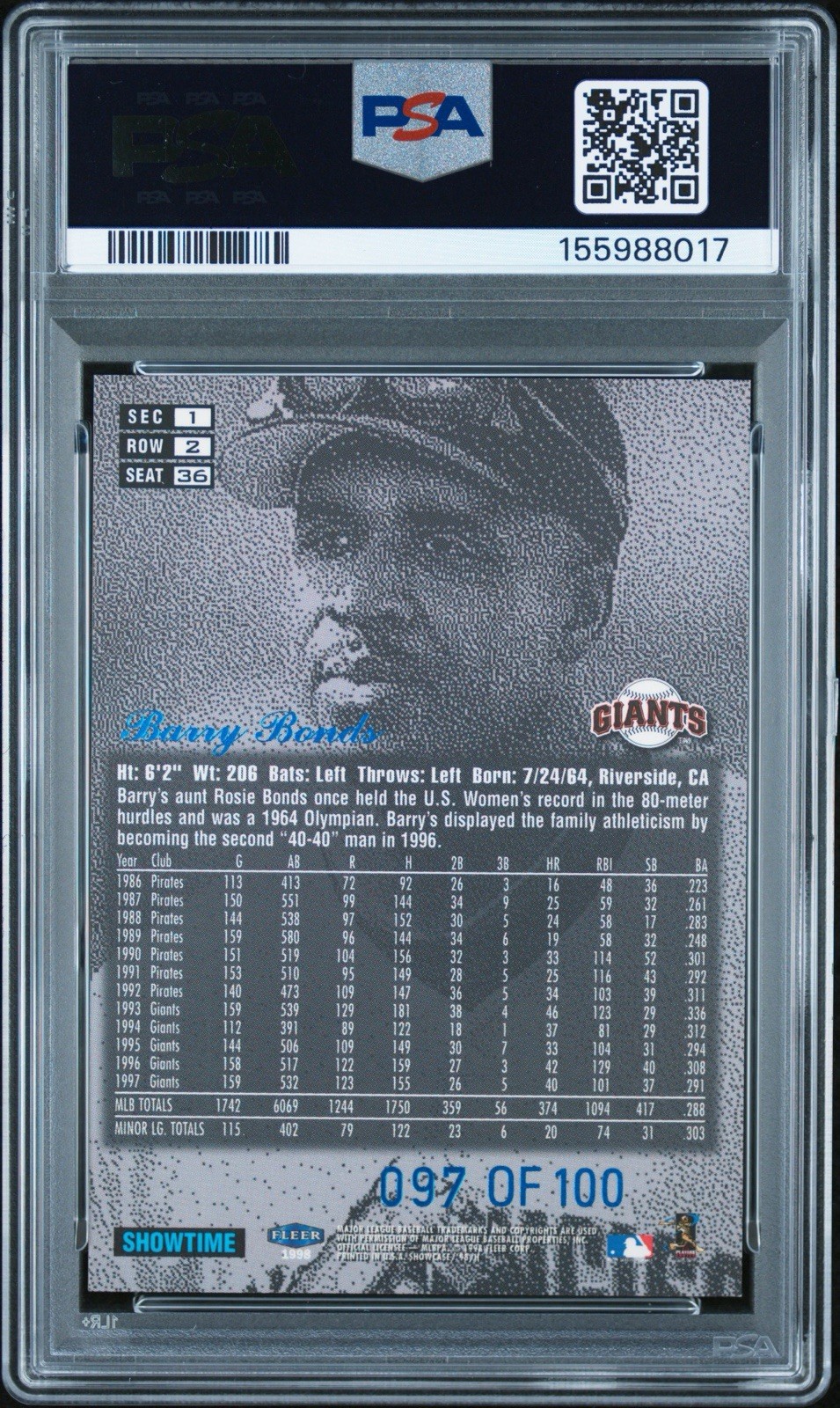 1999 Flair Showcase Barry Bonds Legacy Collection Row 2 #/100 PSA 7 RARE view 3