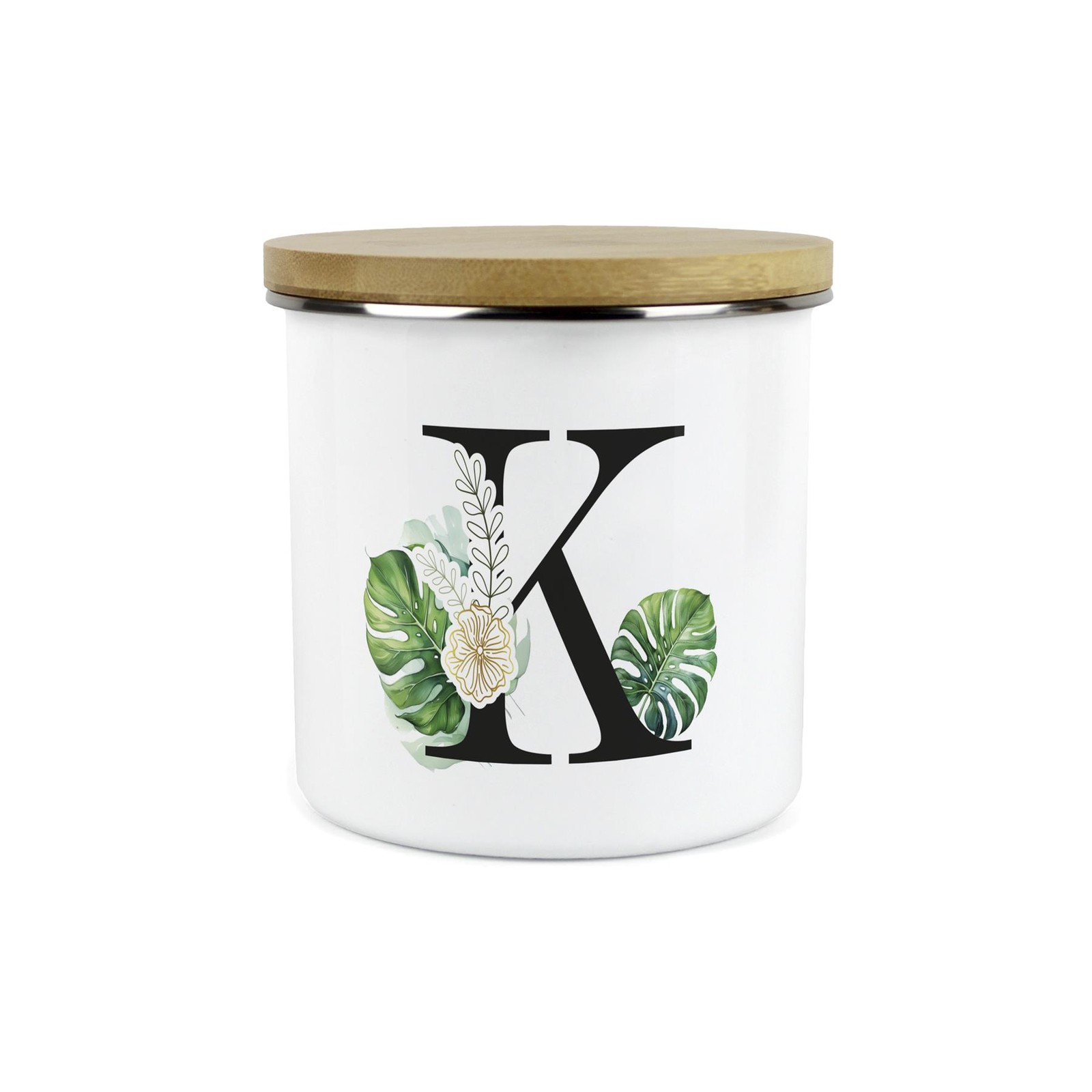 Green & Gold Letter K Storage Canister - Monstera Leaves Large Storage Container