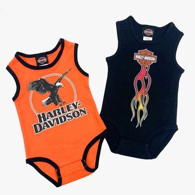 NEW Harley Davidson 2-Pack Infant Size 6/9 Months Orange Black Flame Logo Snaps