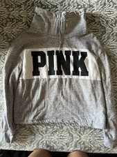 PINK Victoria s Secret Gray/White/Black Colorblock Logo Fleece Hoodie Size S