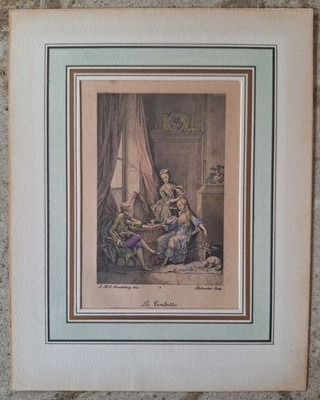 Französische Gravur ''La Toilette'' aus dem 18. Jahrhundert mit Fassung handkoloriert