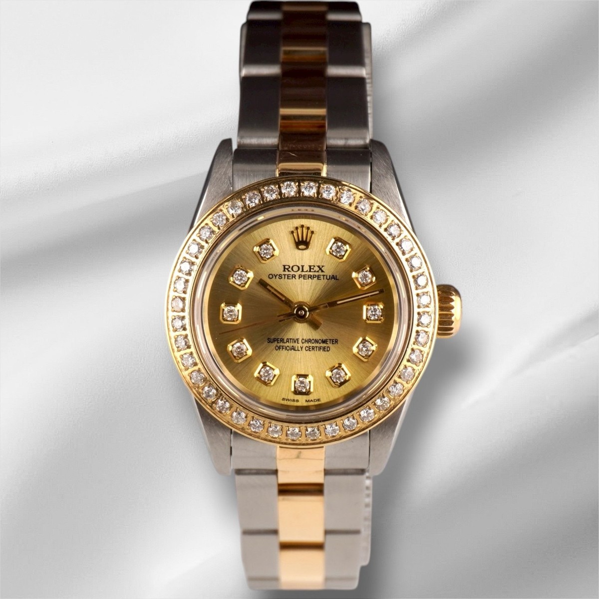 リチャード Rolex Ladies 25mm Oyster Perpetual 18k Gold & Steel 1.5ct Diamond