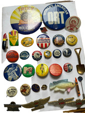 33 Assorted Vintage Buttons and Pins Lot  Political, Airlines, Show BiZ Etc.