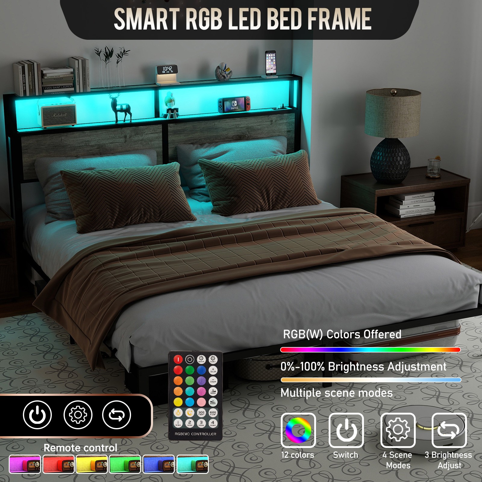 Full Queen King Size Platform Bed Frame with LED Lights Headboard＆Charging Grey