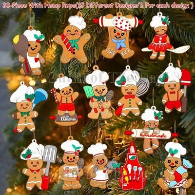30Pcs Wood Gingerbread Men Christmas Tree Hanging Ornaments Xmas Decor