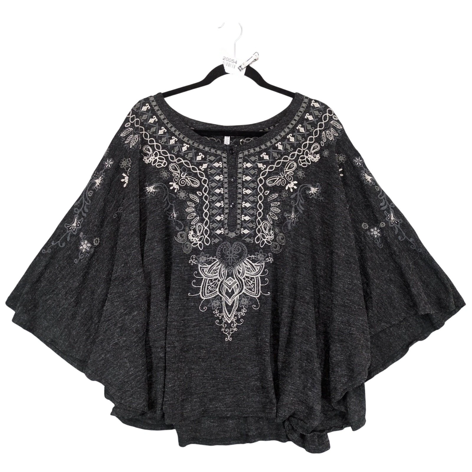 Monoreno Women's S Embroidered Gray Knit Poncho Top, Batwing Sleeve Boho Western
