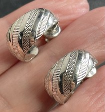 Vintage Small Textured Silver Tone Metal Hoop Earrings