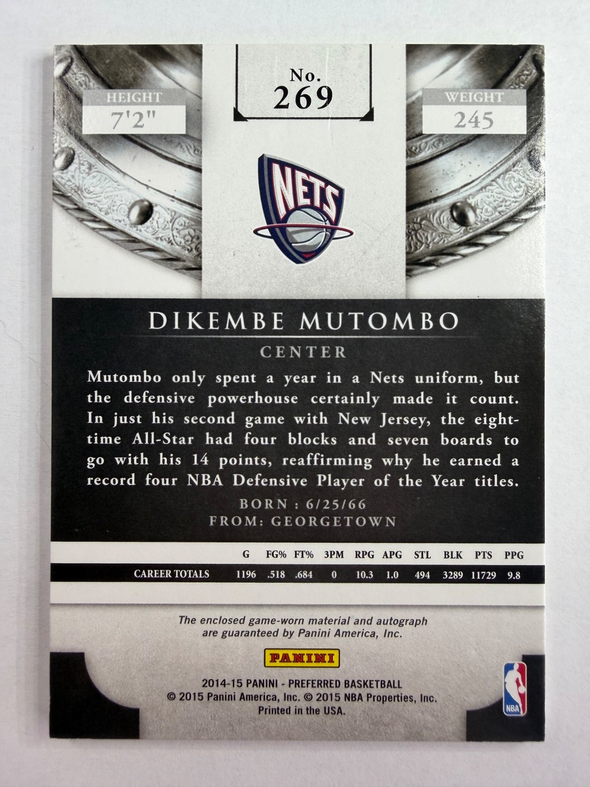 2014-15 Preferred Dikembe Mutombo #269 Silhouettes Crown Royale Patch Auto /60 view 2