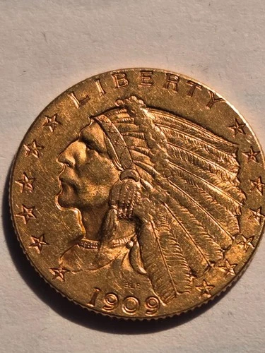 Genuine 1909 GOLD UNITED STATES $2.5 DOLLAR INDIAN HEAD QUARTER EAGLE COIN