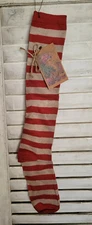 Primitive Christmas  Stocking Red & White  Grungy Stained Santa Tag 20"