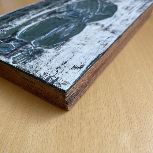 Guerriero asiatico rilievo blocco legno 9x6” lino taglio verde intagliato targa arte rettangolo - Foto 7 di 13