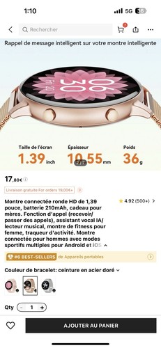 Montre connectée ronde HD de 1,39 pouce, batterie 210 mAH,fonction d’appel,femme - Photo 8/8