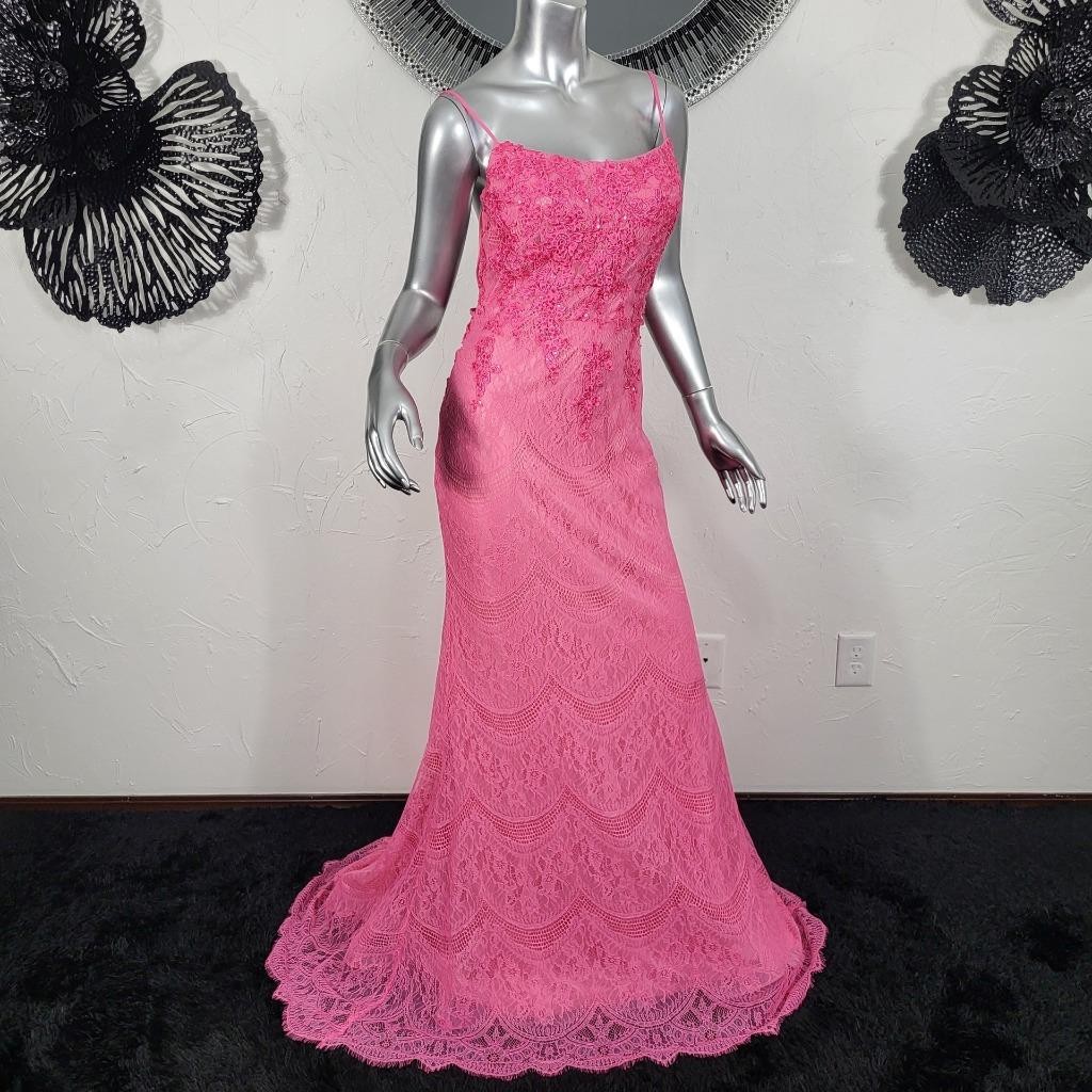 NWT~$410~MORRELL MAXIE~SZ 10~PINK EMBROIDERED LACE SEQUIN PROM EVENING DRESS