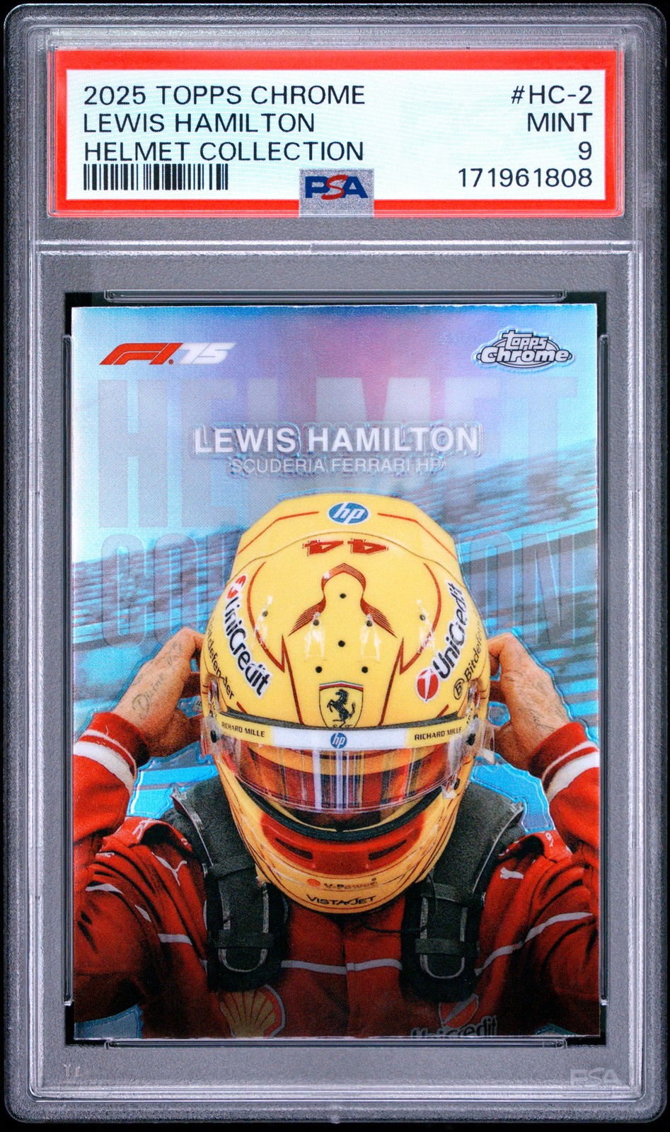 2025 TOPPS CHROME FORMULA 1 HELMET COLLECTION #HC-2 LEWIS HAMILTON PSA 9 view 1