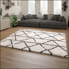 Tapis Shaggy Poil Long Motif Scandinave Motif Diamant Gris Blanc Cassé