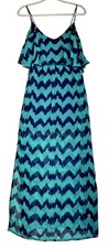 Womens Sheer Ruffle Top Maxi Boho Dress Size Medium Teal Navy Chevron