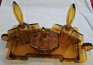 Vintage 1930s Art Deco Amber Glass Vanity Set - Robert Richter Czechoslovakia 