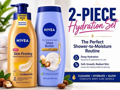 NIVEA Skin Firming Q10 Argan Oil Lotion Shea Butter Body Wash 2pc Set New