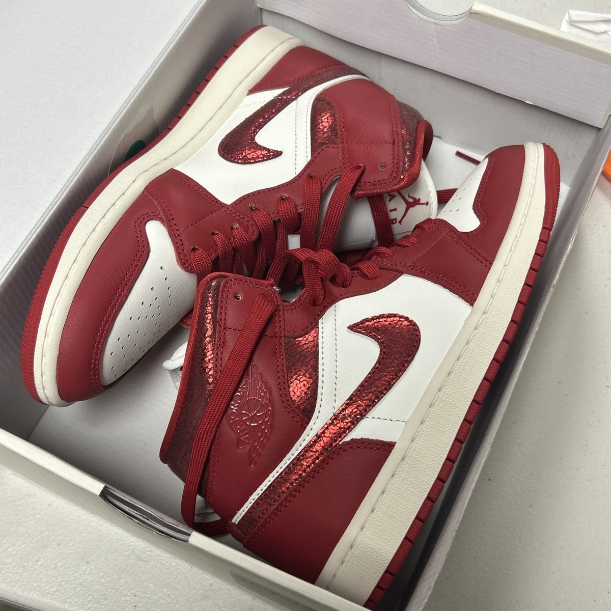 Nike Air Jordan 1 Mid SE Red Cracked Leather HJ9337-106 Womens
