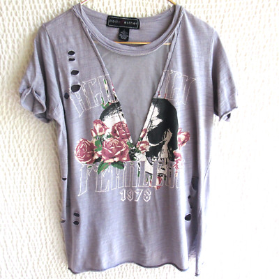 Grunge Tattered Fearless Tee Shirt Top Gray S Cotton Polly Ester Skull