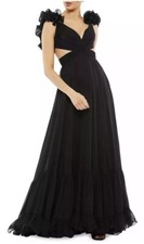 MAC DUGGAL RUFFLE TIERED CUT-OUT CHIFFON GOWN DRESS IN BLACK SIZE 6