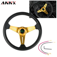 Universal 14" Steering Wheel w/Horn Button Sport Racing Deep Dish PVC 6 Bolt