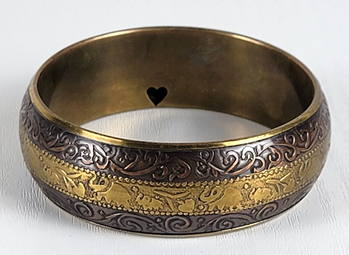 Vintage Brass Damascene Bangle Bracelet Ornate Inside Punched