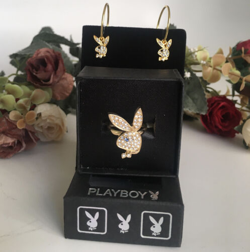 AUTHENTIC GOLD COLOR PLAYBOY BUNNY ADJUSTABLE RING + Bonus BUNNY EARRINGS - new - Picture 1 of 12