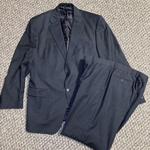 Joseph Abboud Dark Gray Suit Chalkstripe 44L/38 Waist Wool Jacket PantsWool vtg