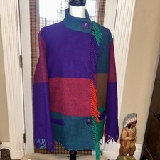 Gallery Vintage 80s Vibrant Eclectic Colorblock Melton Wool Blanket Coat Sz Sm