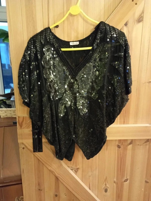Women's black sequin butterfly party top in pure silk one size