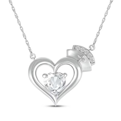 Valentine's Gifts Lab Created Diamond Heart Nurse Necklace Sterling Silver 18''