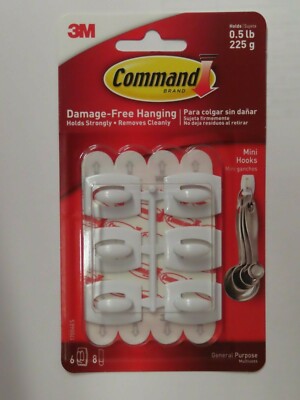 3M Command #17006ES Mini White Hooks With Strips  NEW