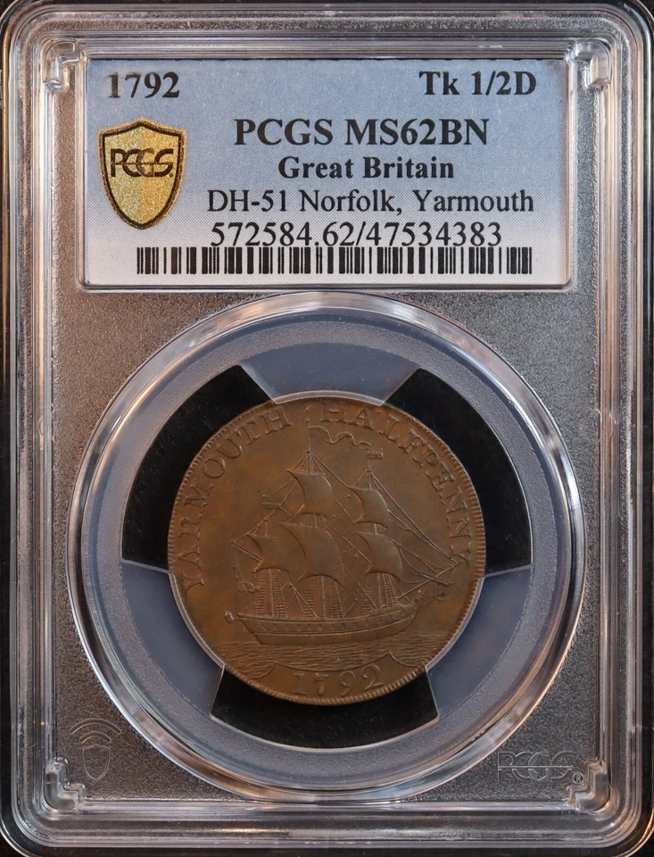 1792 Great Britain Norfolk, Yarmouth Conder 1/2 Penny - PCGS MS62 BN - Nice! - Image 3 of 4
