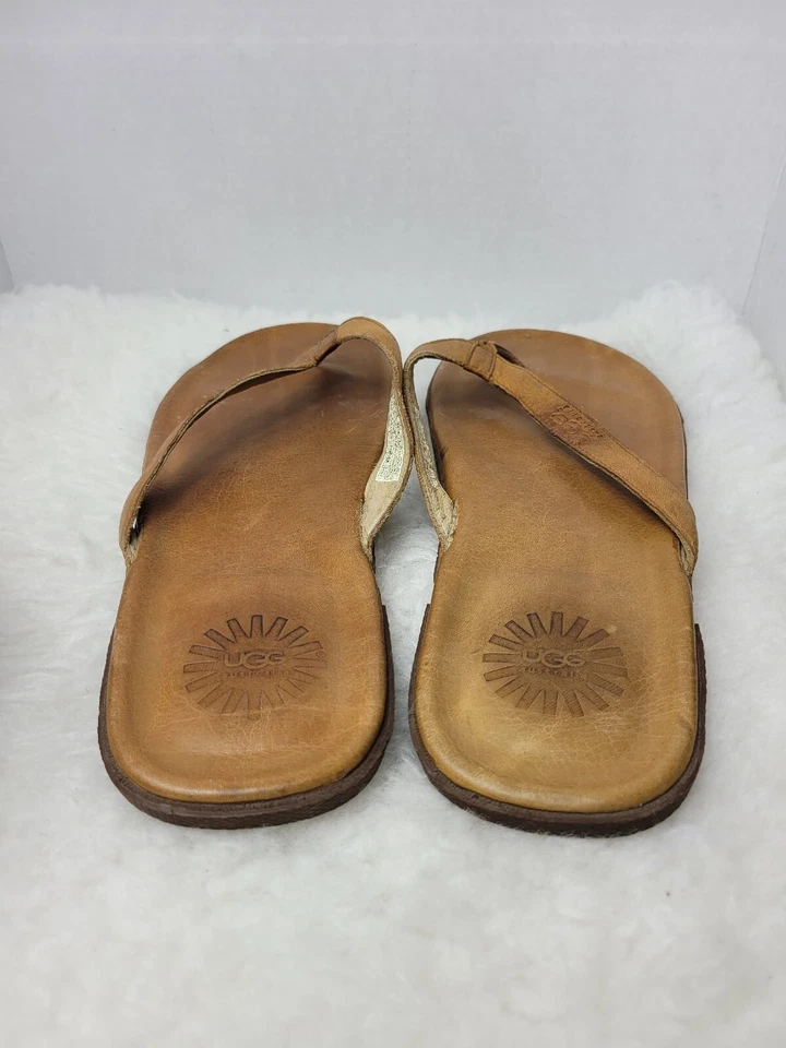 Sandalias UGG Bennison II Marrón Cuero Sólido Cómodas Chanclas Zapatos Talla 14 Foto 4 de 4
