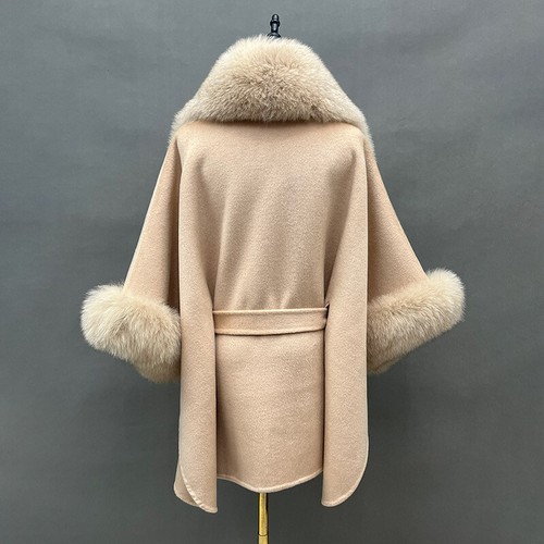Poncho de lana para mujer cinturón cuello de piel de zorro real solapa puño de piel capa de lana abrigo - Imagen 18 de 22
