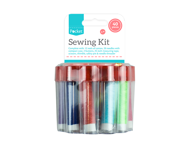 40Pc Pocket Swing Kit Cotton Thread Needles Buttons Tape Scissors Thimble Pin