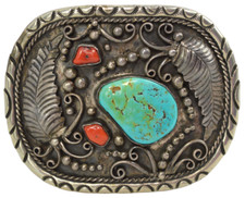 Sterling Silver Turquoise Coral Belt Buckle Native American Feather Ornate