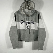 Vintage GEORGIA TECH YELLOWJACKETS Champion Reverse Weave CROPPED Hoodie Lg