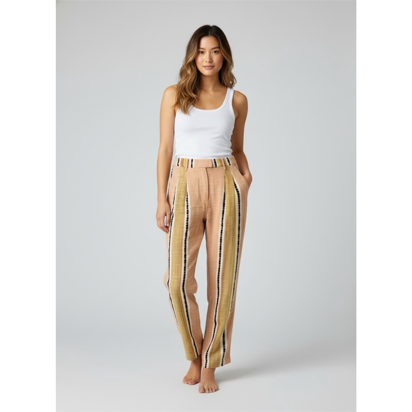 Free People High Waisted Pleated Textured Striped Pants Brown Multi 4