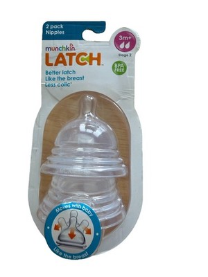New Munchkin Latch Baby Bottle Nipples STAGE 2 (3m+) BPA Free, 2 Pack
