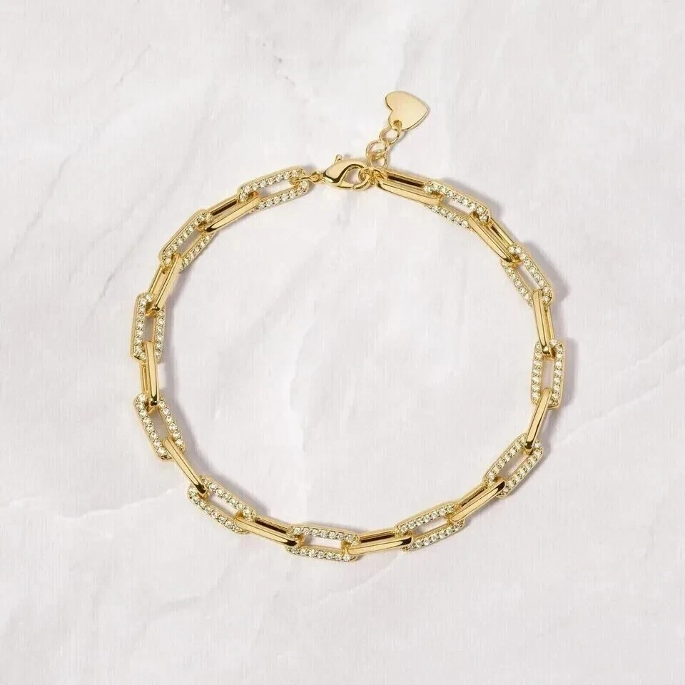 2Ct Round Cut Real Moissanite Women's Paperclip Bracelet 14K Yellow Gold Plated
