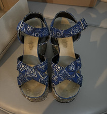 Vintage Women's Blue Paisley Glitter Strappy Ankle Strap Wedge Sandals Buckle 7M