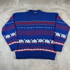 Vintage American Pride Sweater Womens L Blue Red White Fair Isle Knit USA Made