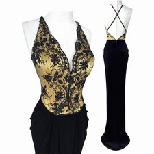 Vintage Black Velvet Beaded Bodice Prom Dress Maxi Gown With Train Couture