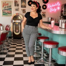 Pantalones de cigarrillo retro Rockabilly Gingham 22W negro blanco pinup tobillo nuevos con etiquetas